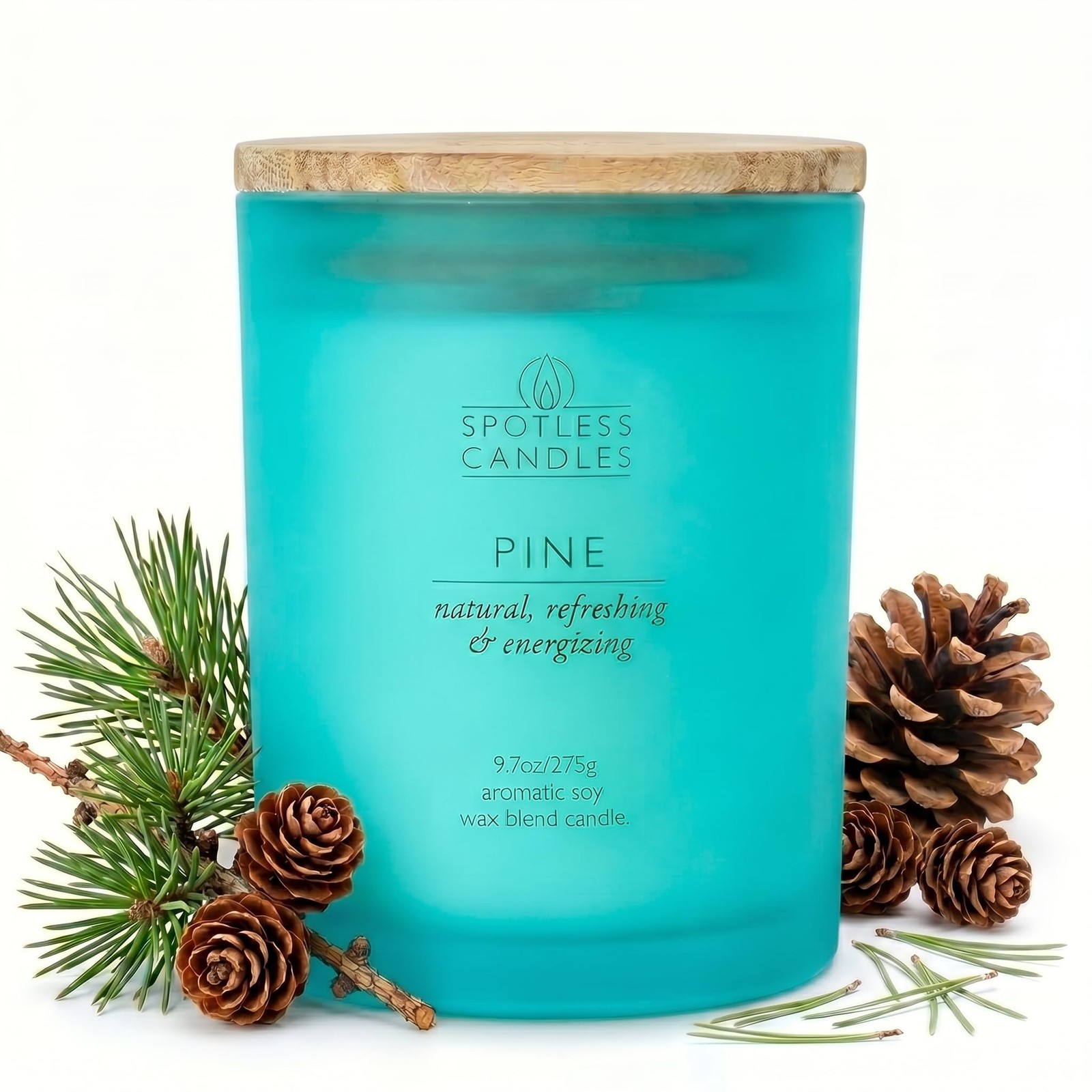 Pine Candle; 9.7 oz: 55 Hrs Burn Time, Soy Wax Teal Frosted Jar with Cracklin…