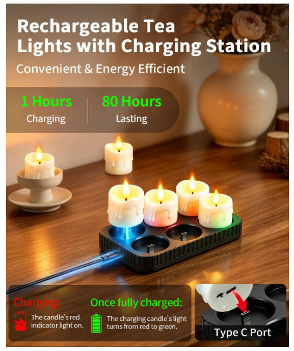 6 Pcs Rechargeable Tea Lights Candles with Charging Base and Remote Timer | 1.5″