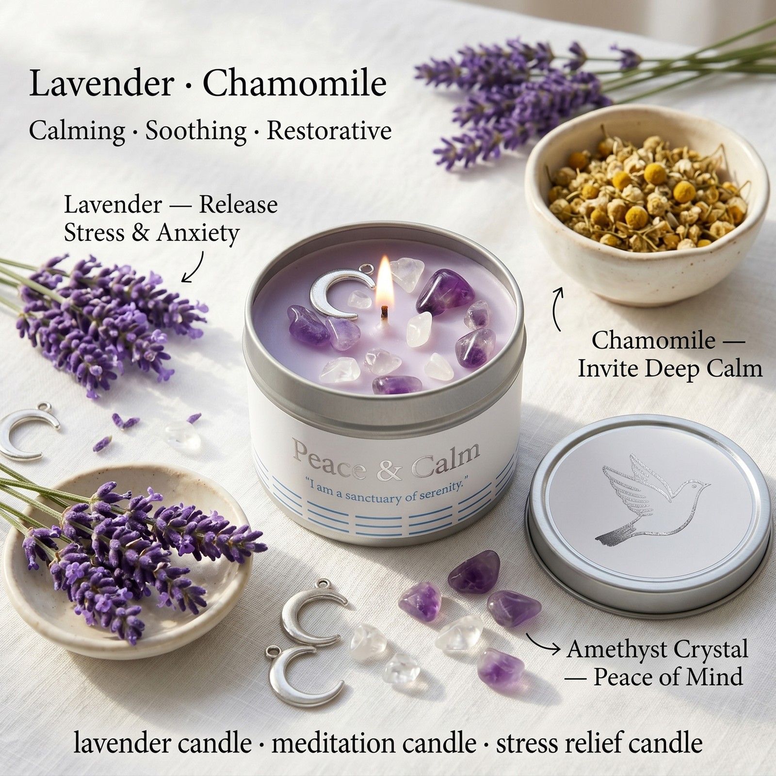 1 Pack EVODUCK Peace Crystal Candle Amethyst Stress Relief Meditation 3 oz