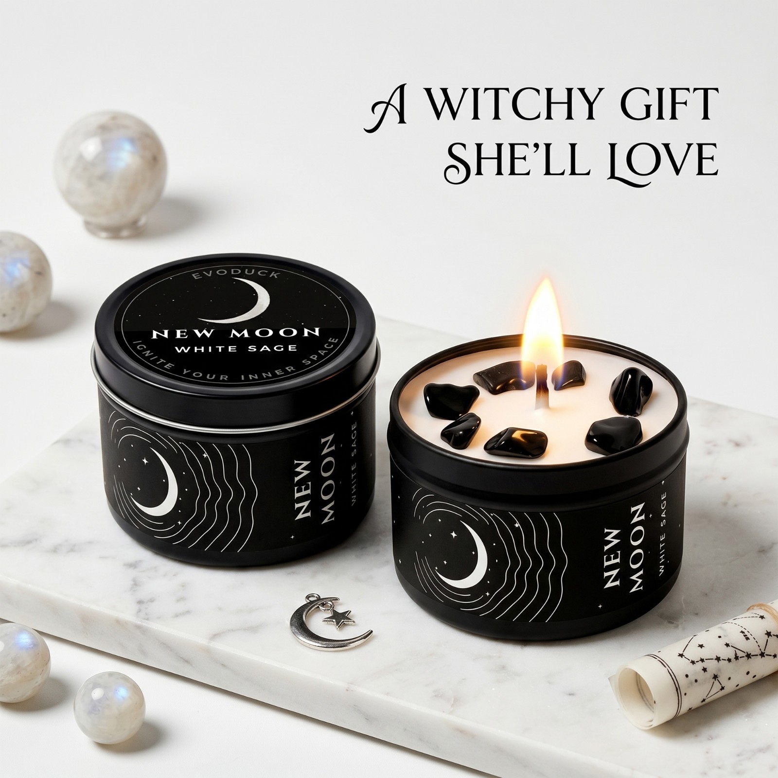 2 Pack New Moon Candle Crystal Soy Manifestation Witchy Celestial Ritual Gift