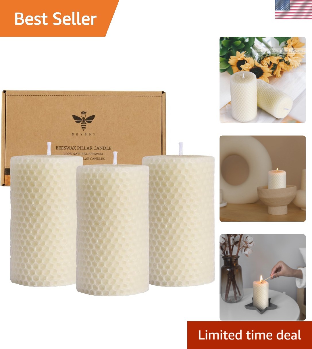 Classic Handmade Beeswax Pillar Candles – Unscented Elegance in 3 Count