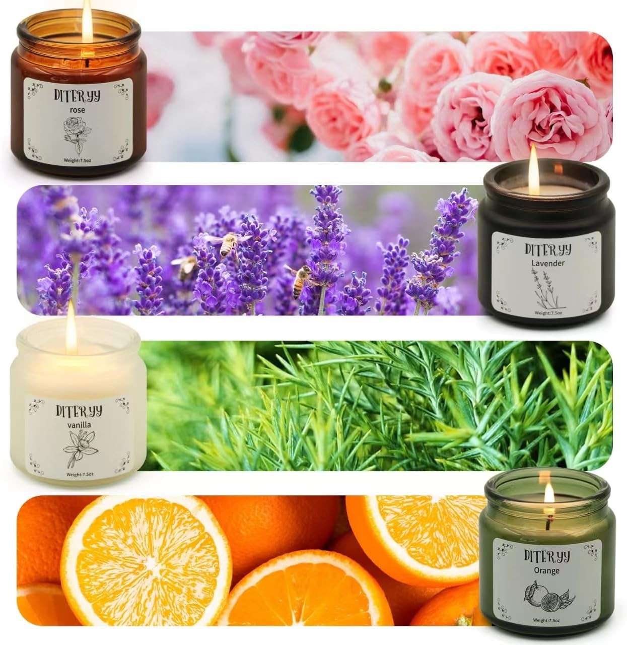 Soy Wax Scented Candles Gift Set 4 Pack Rose Lavender Orange Vanilla Jars 7.5oz