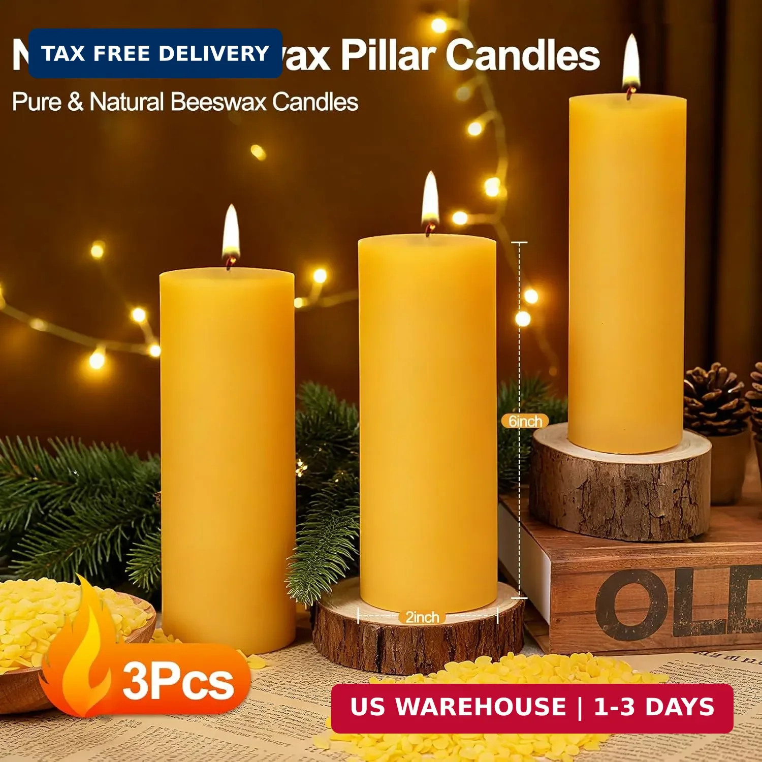 3 Pack Natural Beeswax Pillar Candles,2x6in Large Pure Beeswax Candles-180 Hours