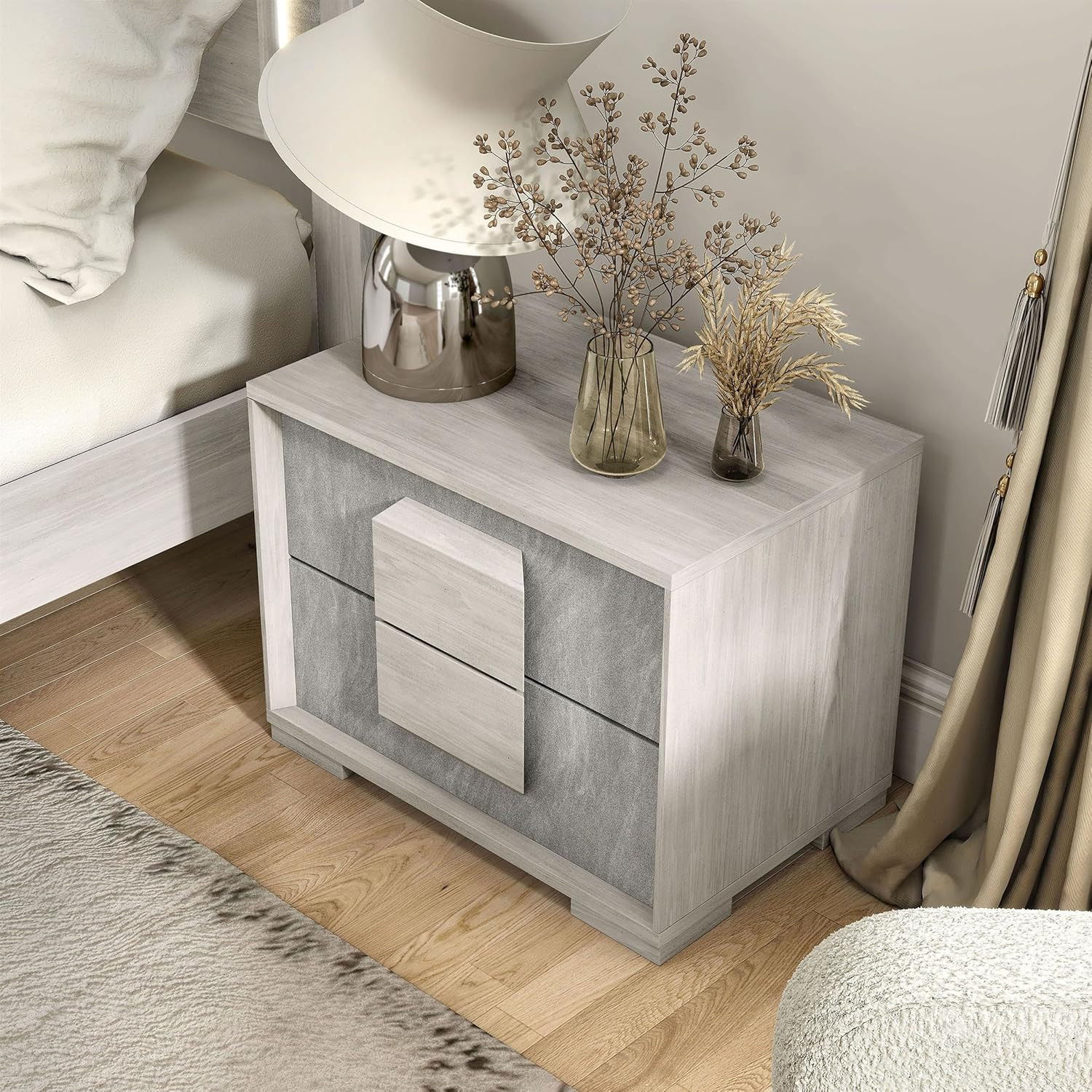 Dresen Modern Melamine Top 2-Drawer Nightstand, Wood Panel Handle Bedside Table