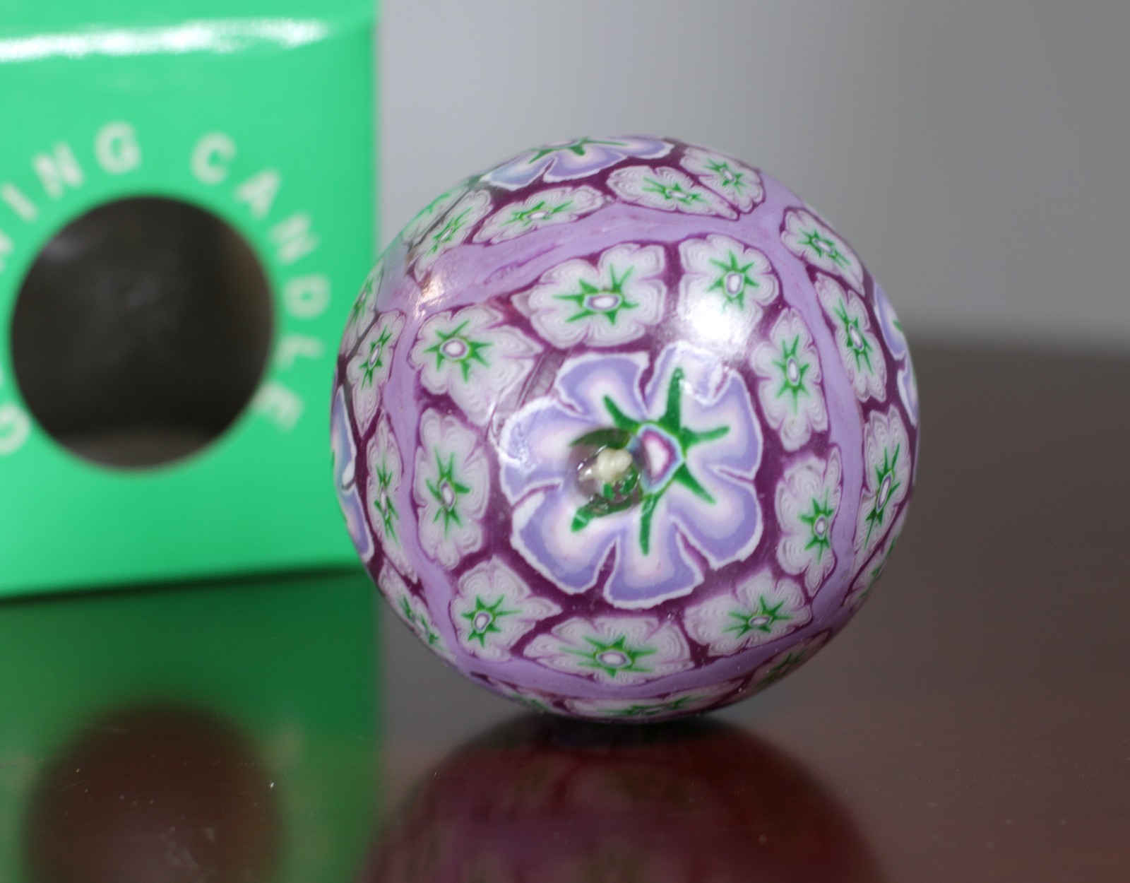 Millefiori Glowing Candle Green Purple Orb Mosaic Flower Psychedelic 90s NOS