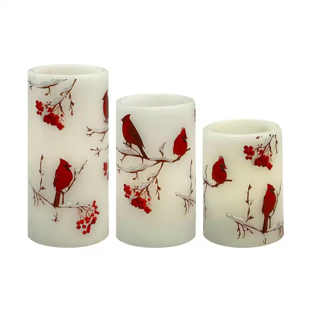 6 In. Battery Operated Wax Candles with Cardinal Design-Set of 3