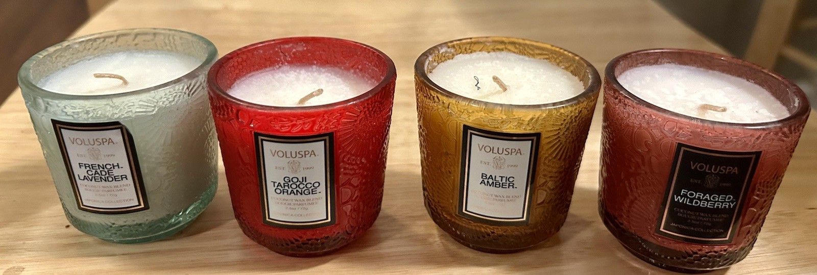 Voluspa Japonica 4 Piece Collection Set 2.5 Oz. Pedestal Jar Candle New W Flaws
