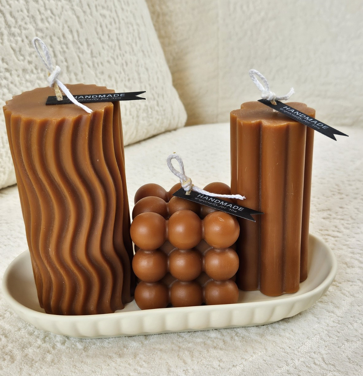Handmade Modern Brown Decorative Unscented Wax Candle Set of 3, Medium