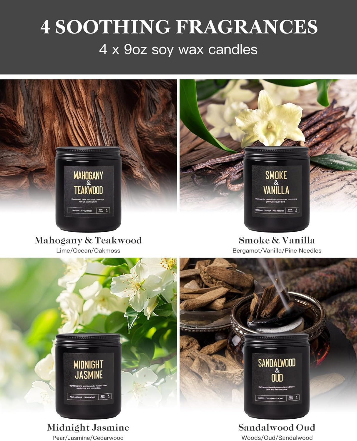 Men’s Candle Gift Set, 4 Pack Crackling Wood Wick Soy Scented Candles, 36oz M…