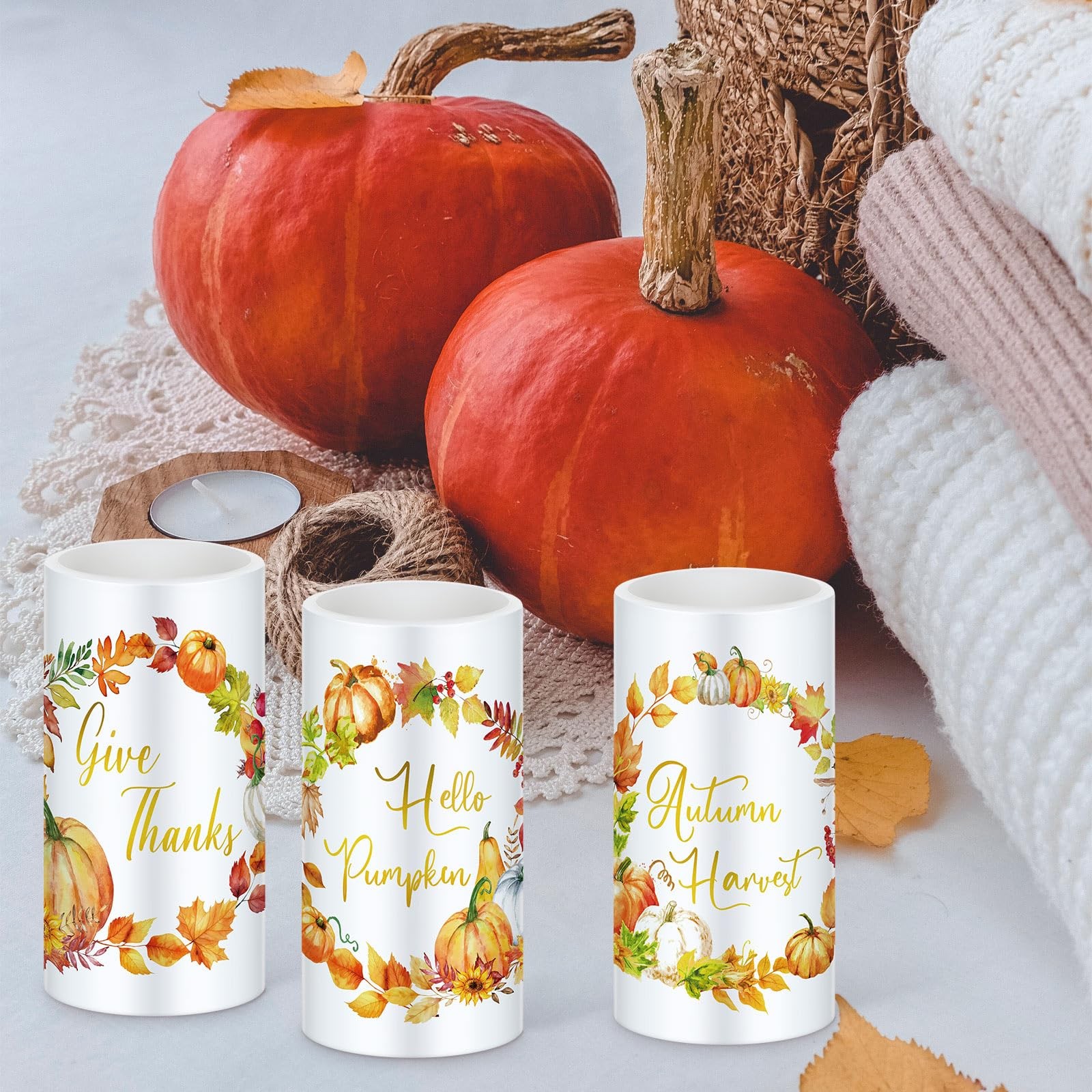 3 Pcs Fall Flameless Candles Pumpkin Wreath Flameless LED Candles for Bedroom…