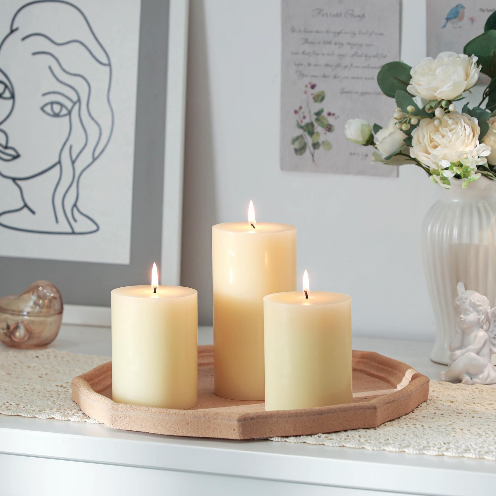 Set of 3 Ivory Pillar Candles 3×6 Inch – Unscented, Long Burning, Dripless for W