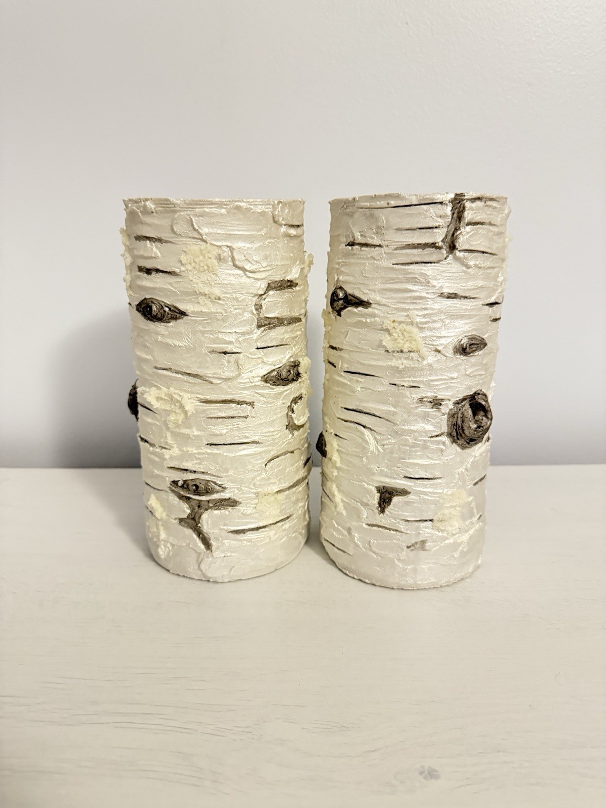 Faux Birch Bark Pillar Candles Set of 2 White Rustic Woodland Decor Farmhouse