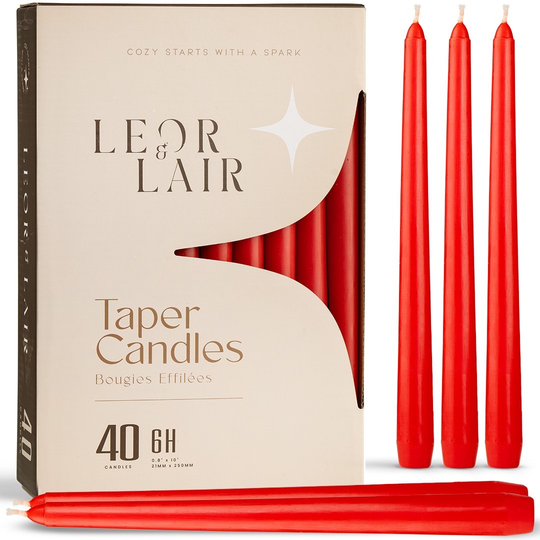 Leor & Lair Bulk Taper Candles – 40 Pack – 10″ Tall Candlesticks, 6+ Hours Burn