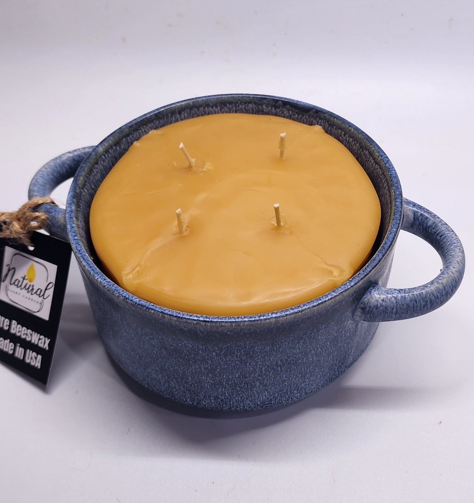 Very large 4 wick beeswax candle 5″ wide in reusable ceramic pot