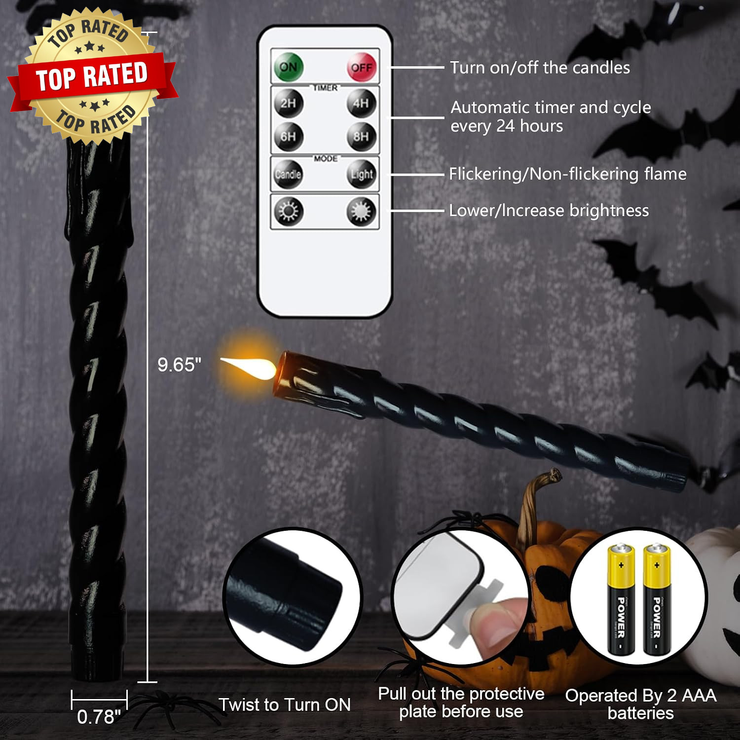 Black Flameless Taper Candles Battery Operated with Remote Timer | 3D Wick Flick