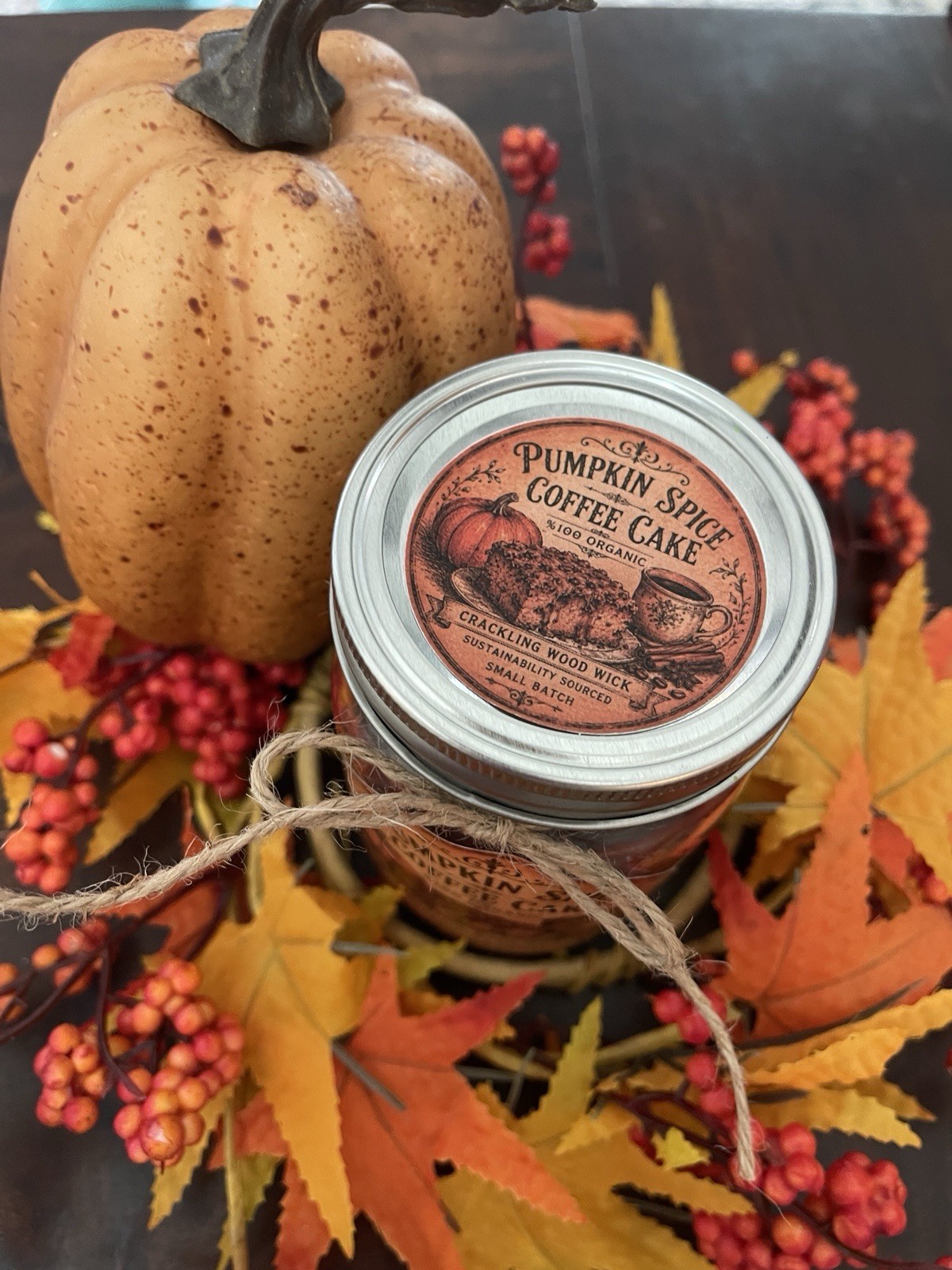 Organic Pumpkin Spice Coffee Cake Candle Crackling Wood Wick Highly Fragrant