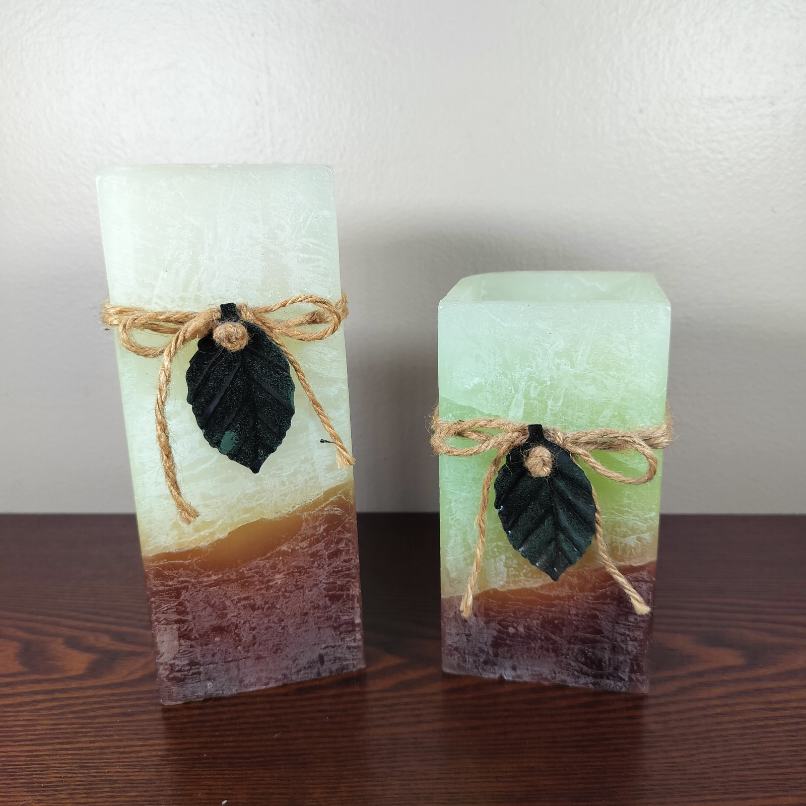 Flameless Candle Set of 2 Leaf Accent 7.5in & 6in Brown Green Cream Battery