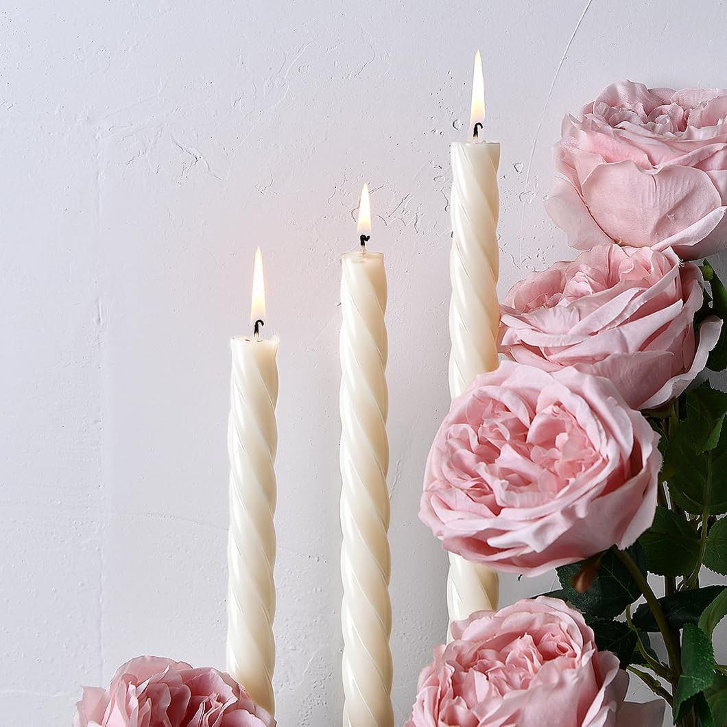 10 Inch Spiral Ivory Taper Candles, 4 Pack Unscented Dripless Long Burning Time