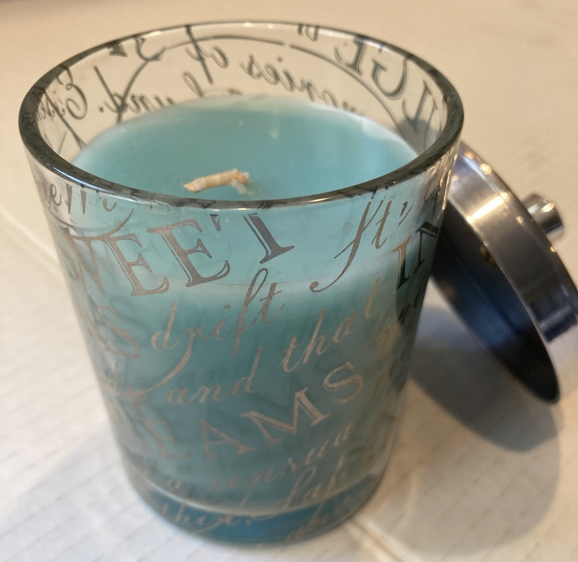 Coastal Calming Candle Inspirational Messages Glass Jar Silver Lid Beach Blue