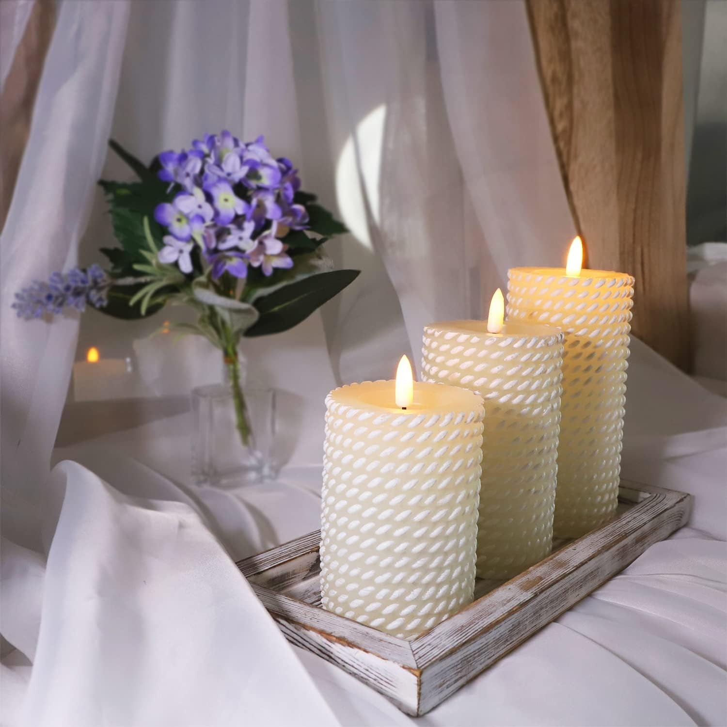 White Flameless Candles,Corded Pattern Carving Battery Operated Candles with …