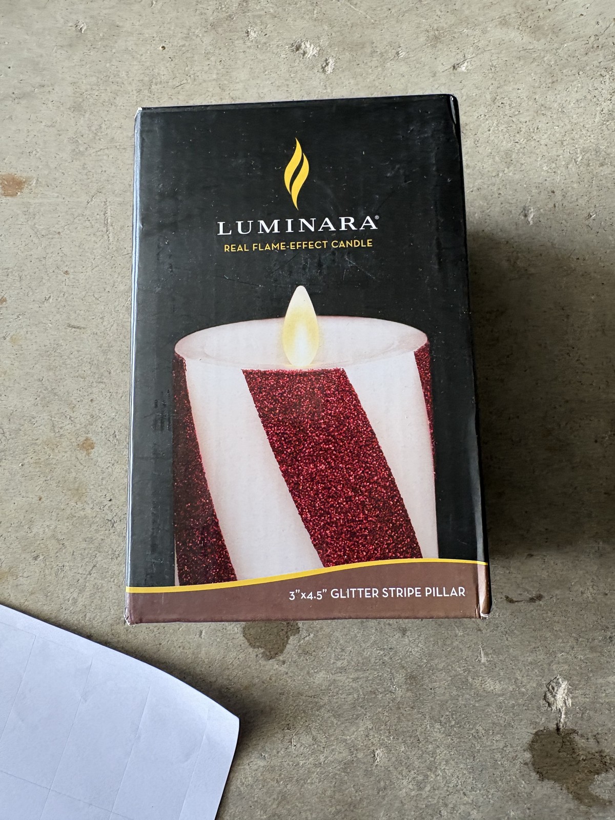 Luminara 3″x4.5″ Glitter Stripe Pillar Flameless Candle White Red Real Wax Timer