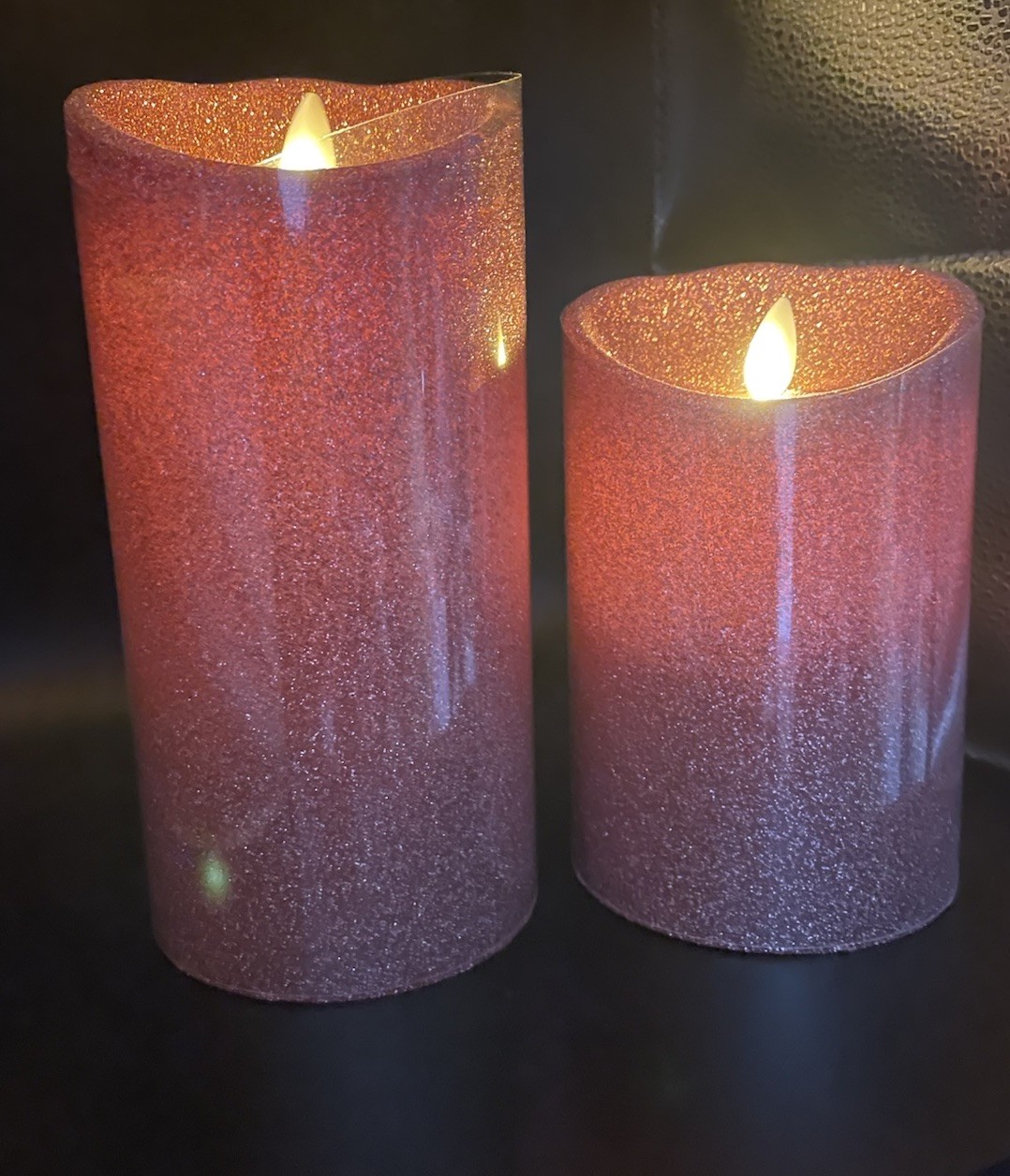 Luminara Flameless 5″ & 7″ Pink Glitter 2 pack Candle Set Timers and one remote