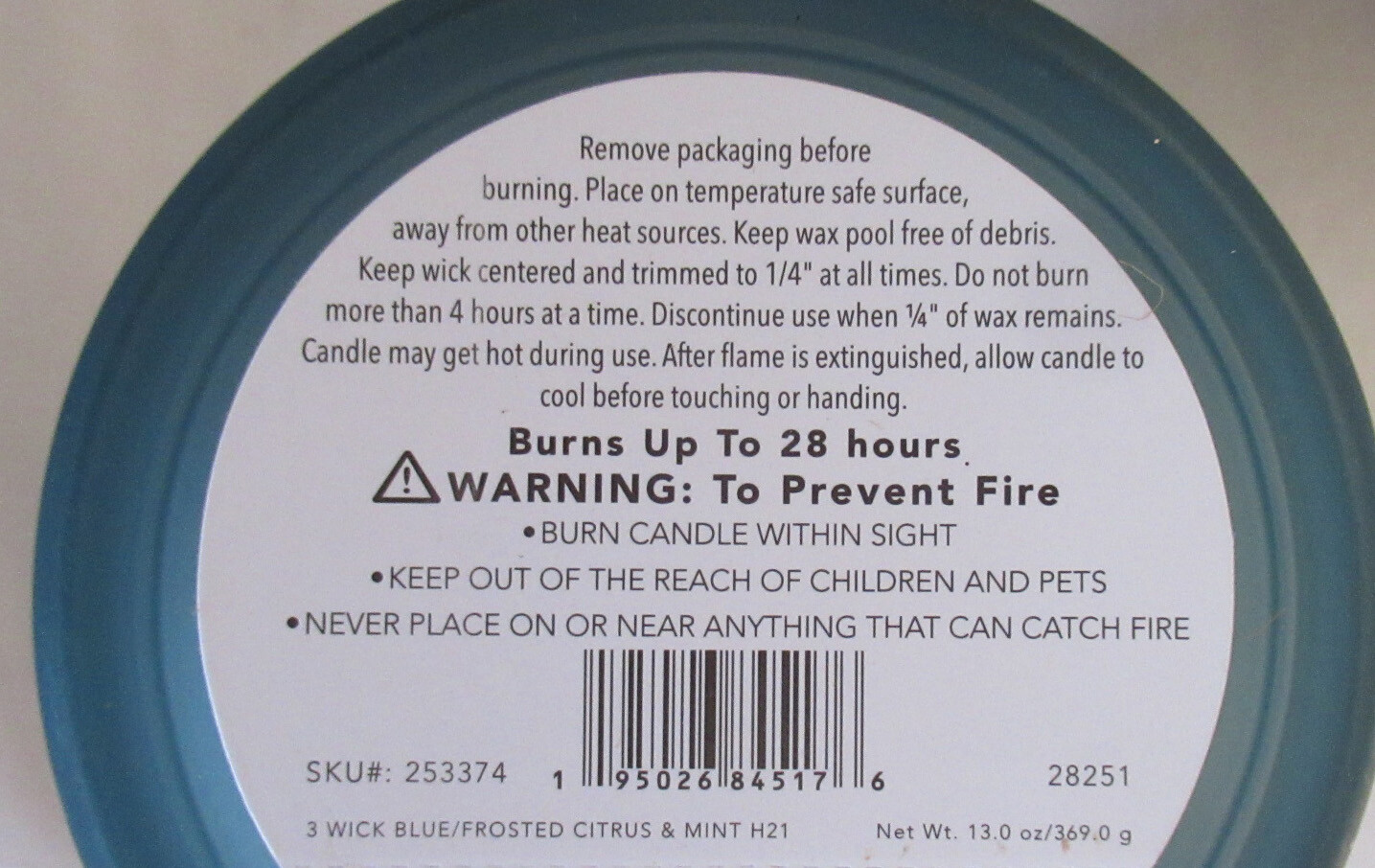 Kirkland’s 13 oz Large Jar 3-Wick Candle 28-32 hours No. 4 FROSTED CITRUS + MINT