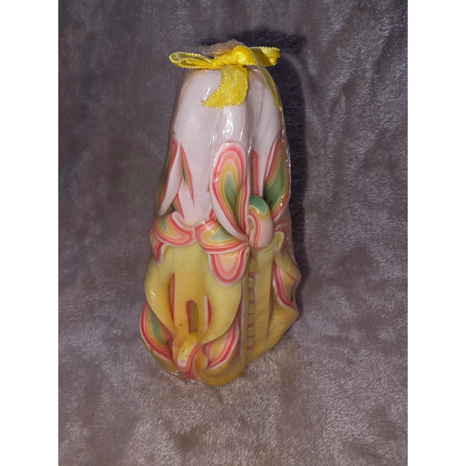 Vintage Hand Carved Pillar Candle Yellow Pink Green Layered Ribbon Wax Art Decor