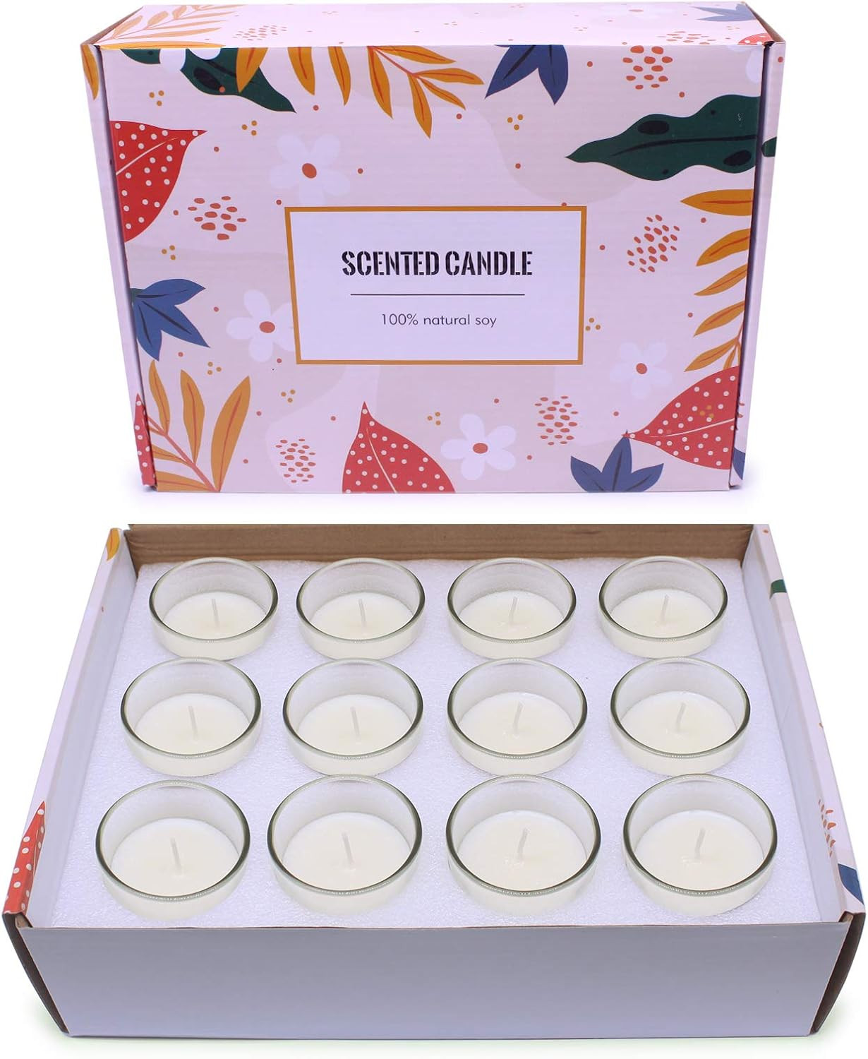 Set of 12 White Votive Candles Clear Glass Filled Unscented Soy Wax Candle for H
