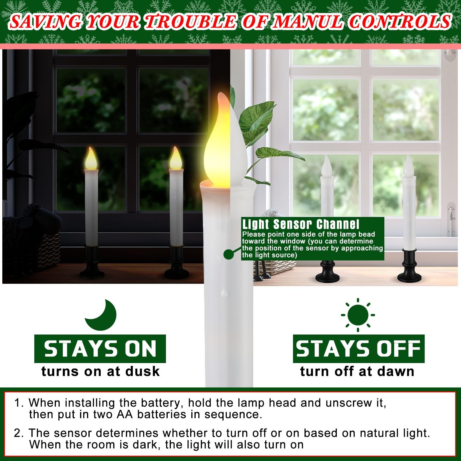 Christmas LED Window Candles 9.37 Inch Cordless Flameless 8 Pcs – Dusk to Dawn