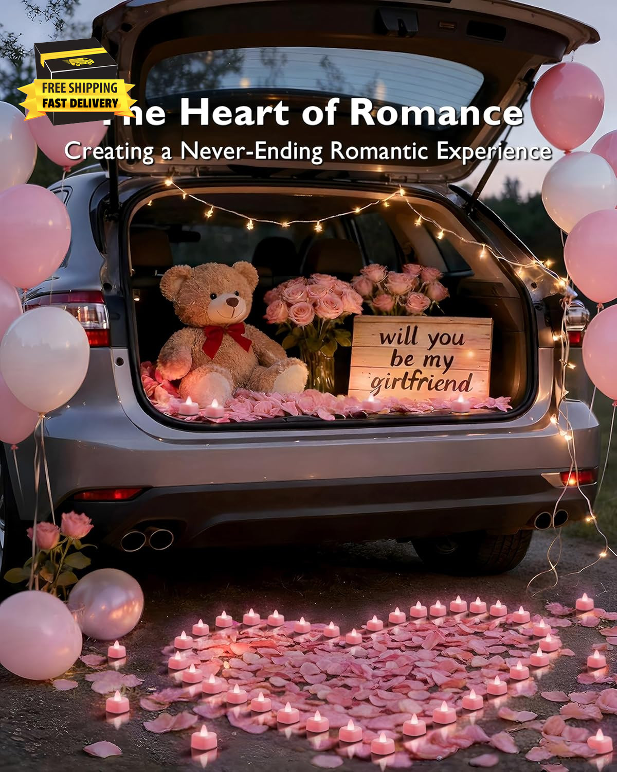 1000 Pieces Pink Artificial Rose Petals with 12 Pink Heart LED Tea Lights, Rose