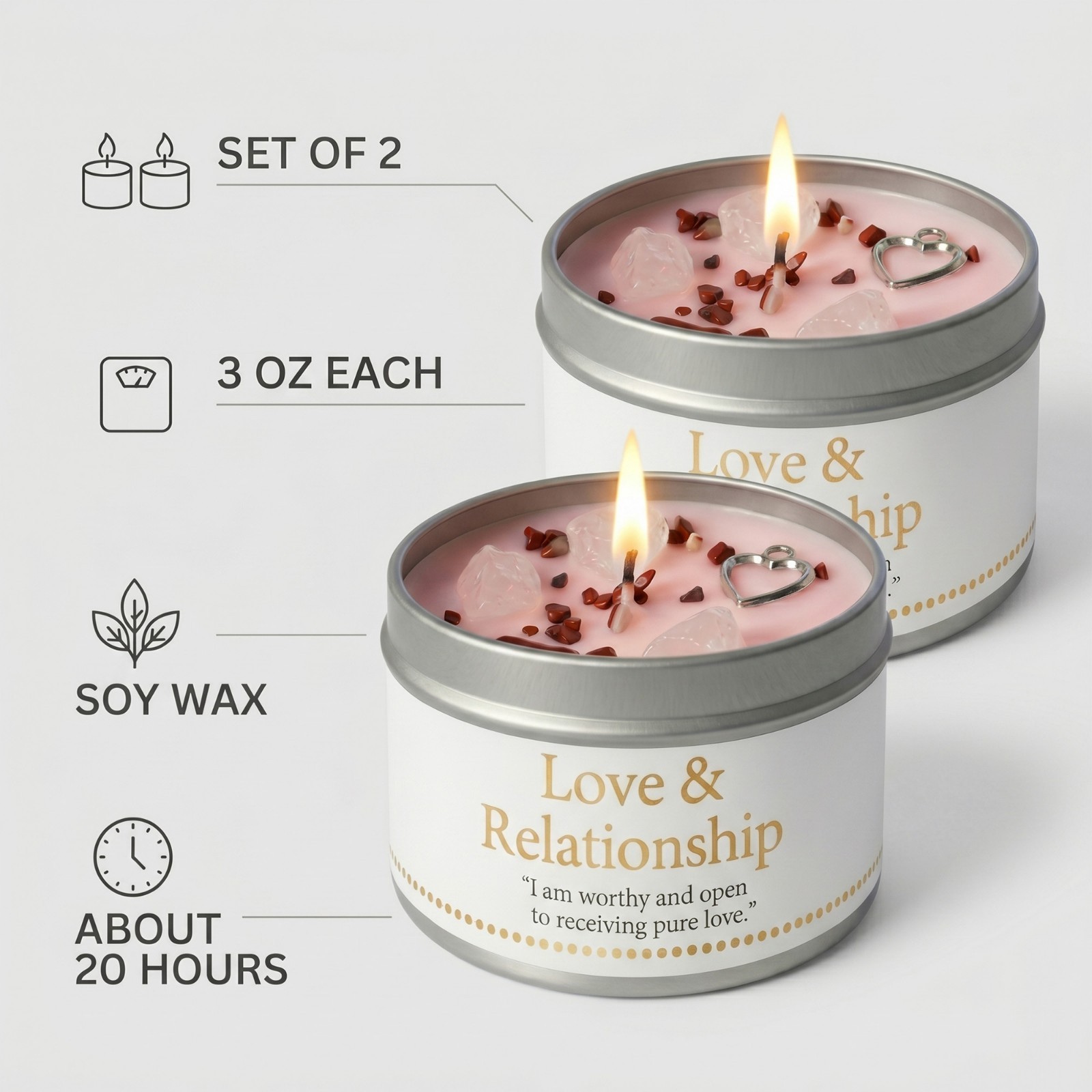 2 Pack Rose Quartz Crystal Candle Soy Love Manifestation Intention Gift