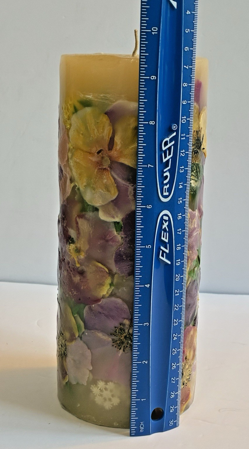 Botanical Decorative Pillar Candle w/Embedded Dried Flowers & Leaves 9.5″ Heavy