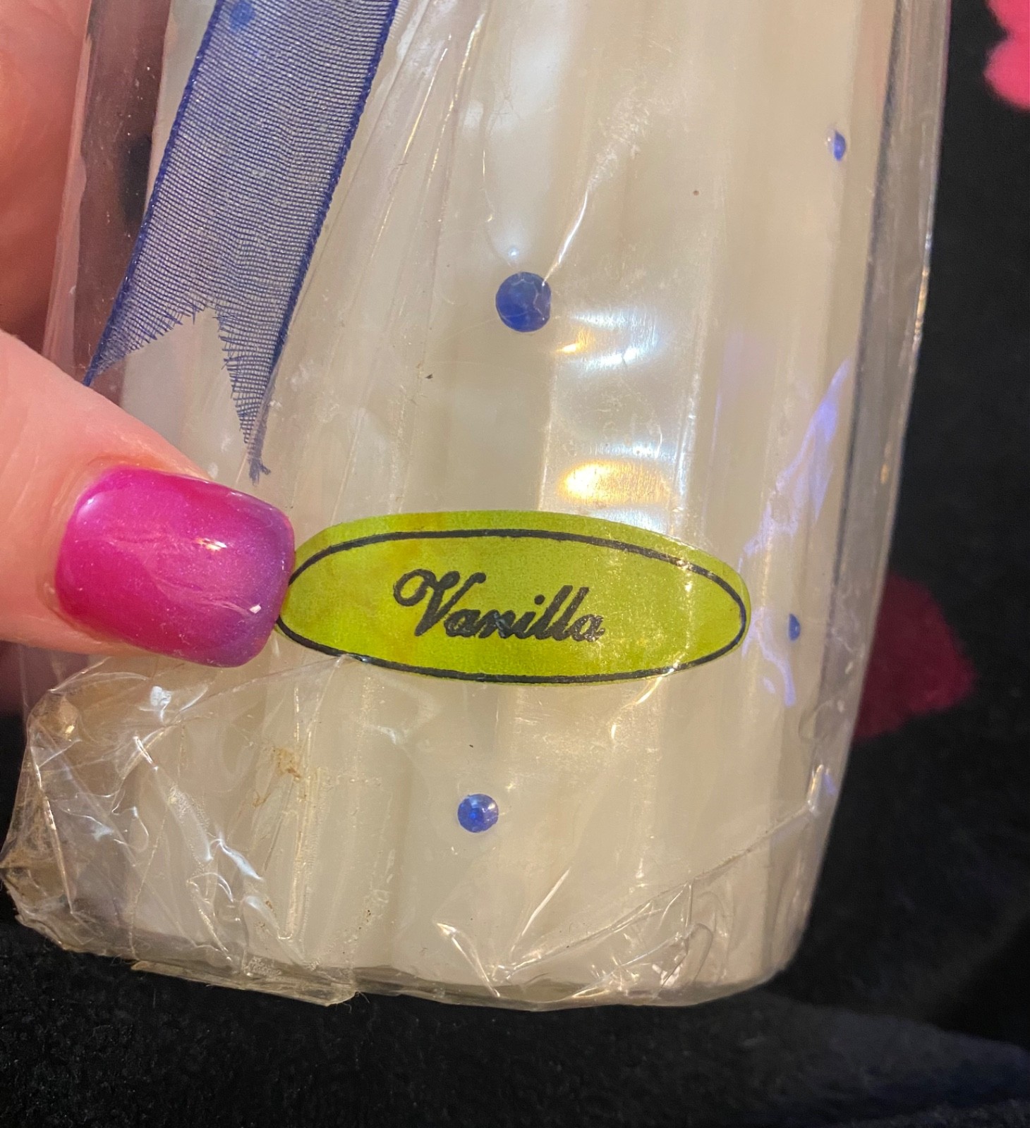 NIP Cream&Blue Bling Pillar Candle Bridal Jewel Vanilla Boho 6in Cotton Wick VTG