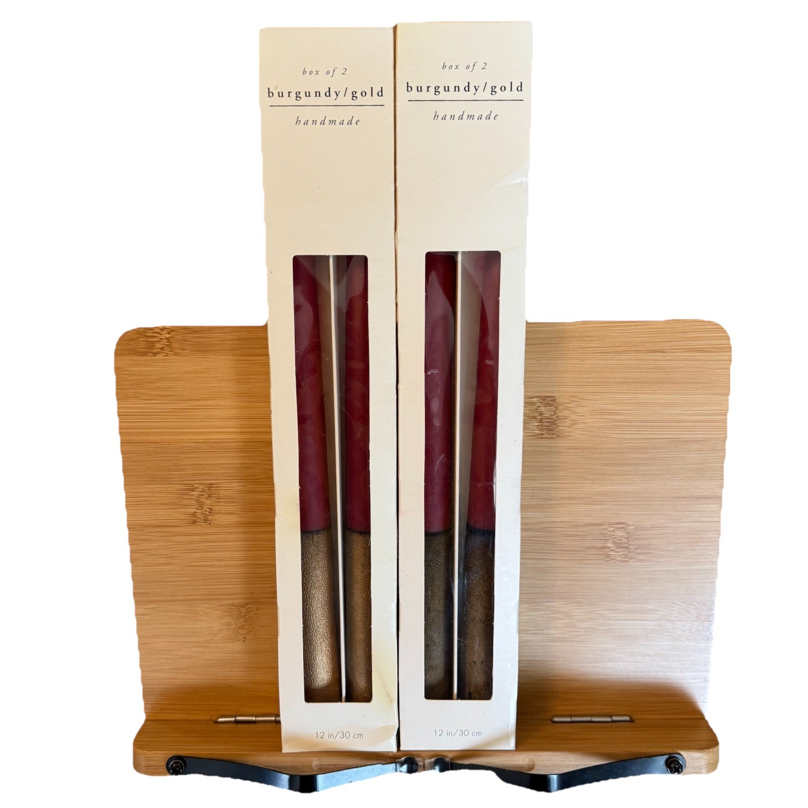 Pier 1 Burgundy Red & Gold Taper Candle Sticks 12” Handmade in Finland NEW Set 4