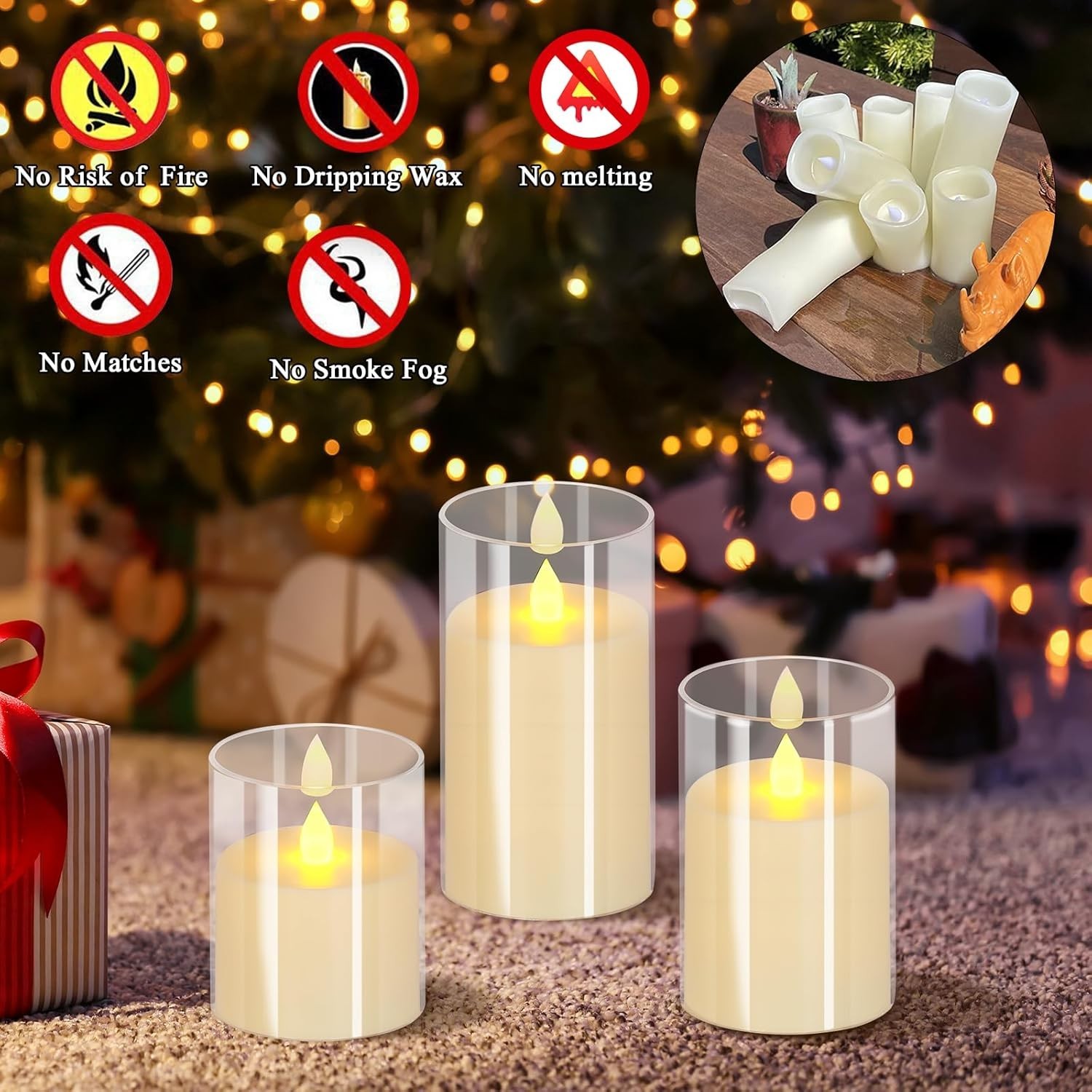 Flameless Candles 4″ 5″ 6″ Acrylic Glass Pillars 3″ Diameter Battery Operated…