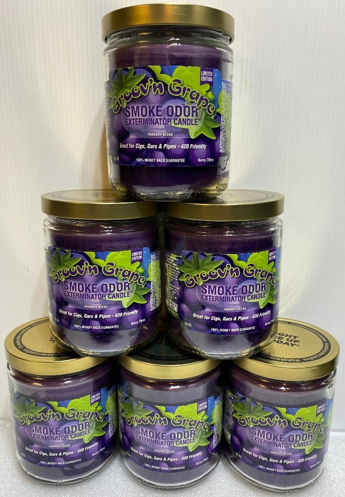 Smoke Odor Exterminator 13 oz Jar Candle, Groov n Grape Set of Six Candles.