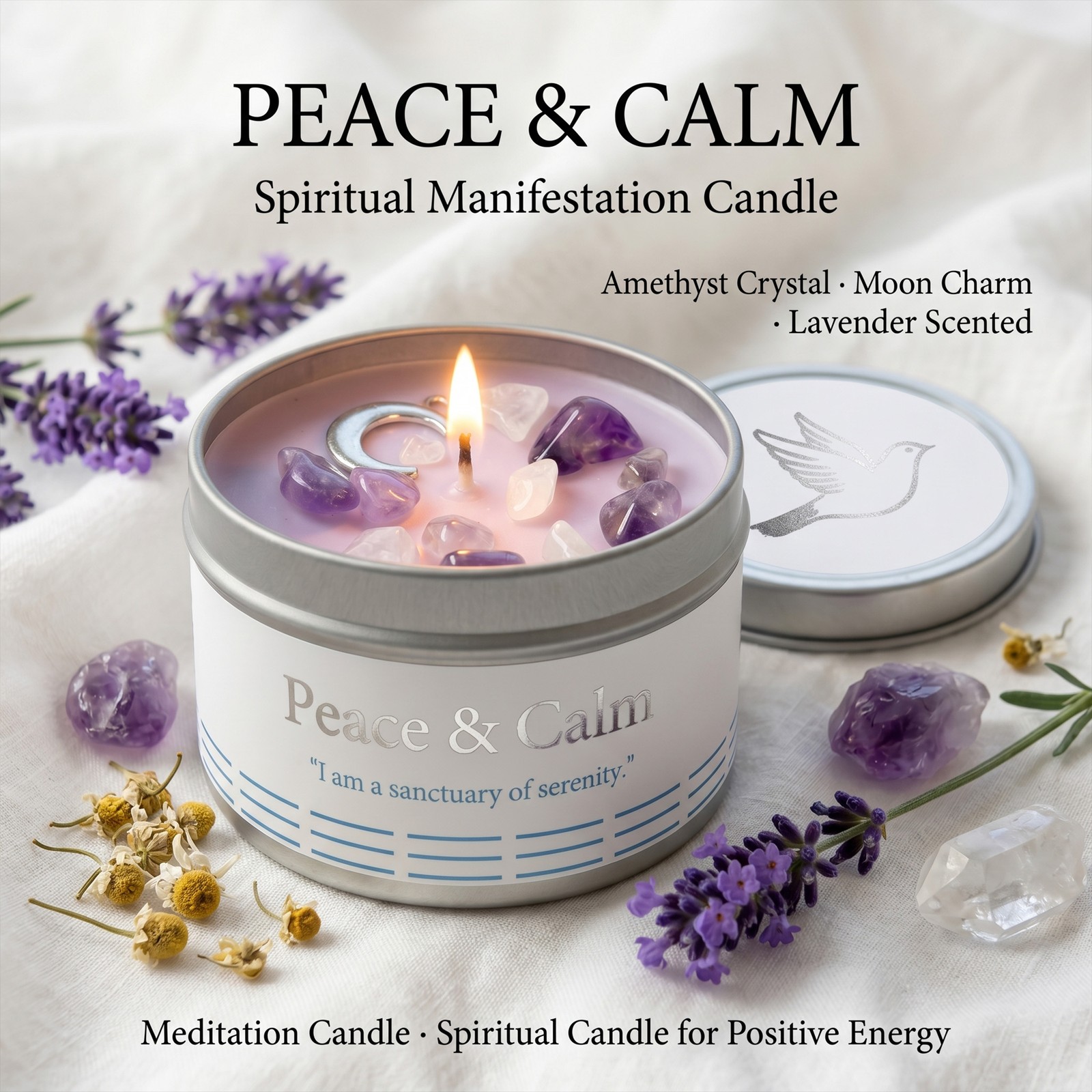 1 Pack EVODUCK Peace Crystal Candle Amethyst Stress Relief Meditation 3 oz