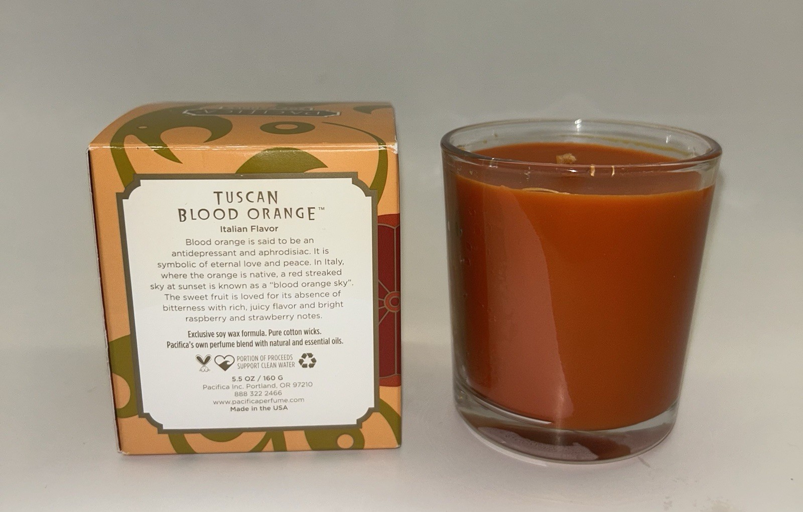 Pacifica TUSCAN BLOOD ORANGE Candle 5.5 oz. Made in USA NEW IN BOX Soy Glass