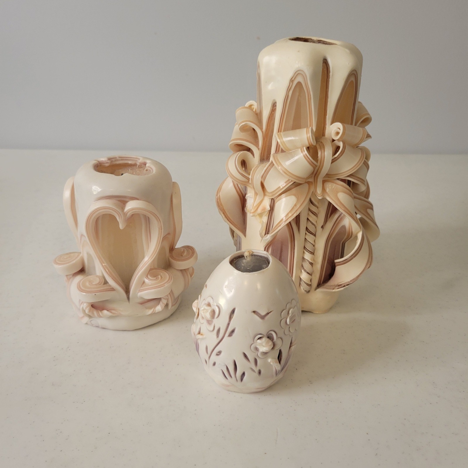 North Georgia Candle Works Carved Wax Art Set 3 Cream Tan Mauve Purple Vtg 1992