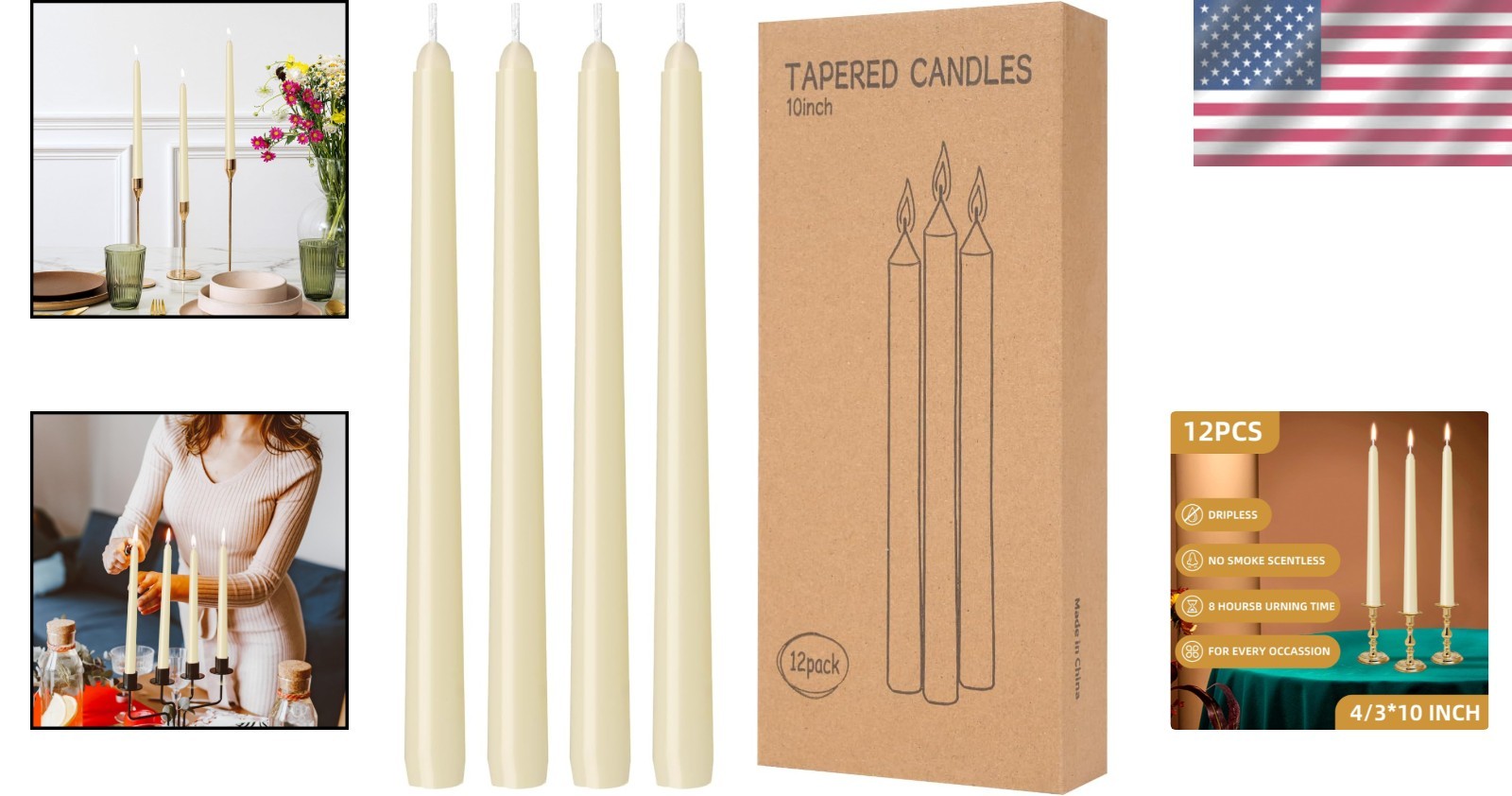 12 Pack Ivory Taper Candles – 10 Inch Dripless, Smokeless, Long-Burning Elegance