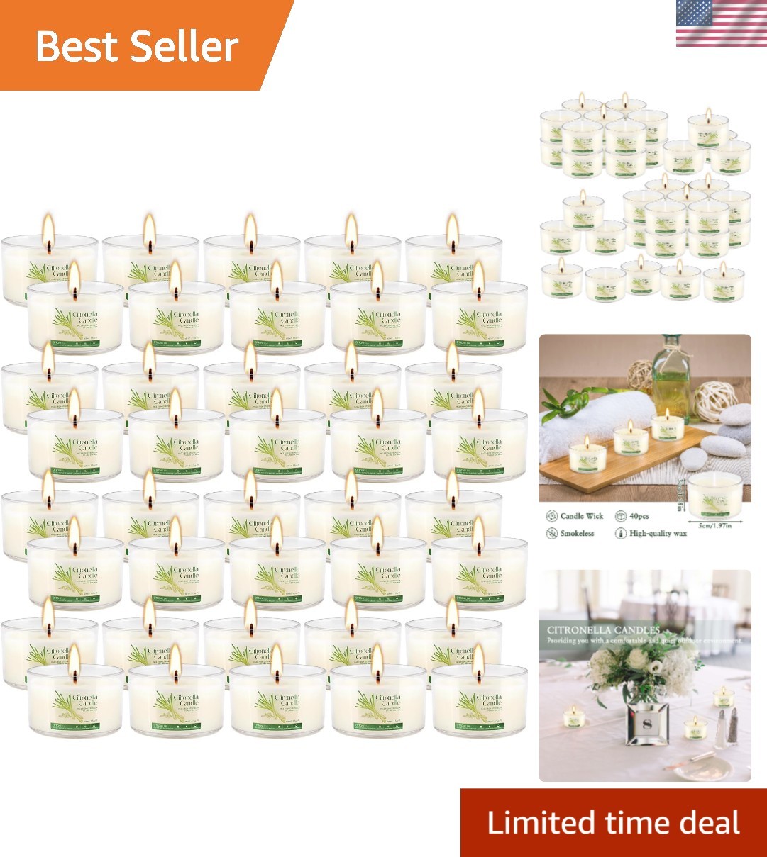 40 Pack Citronella Candles Bulk, Long Burning Portable Travel Size Soy Wax Ca…