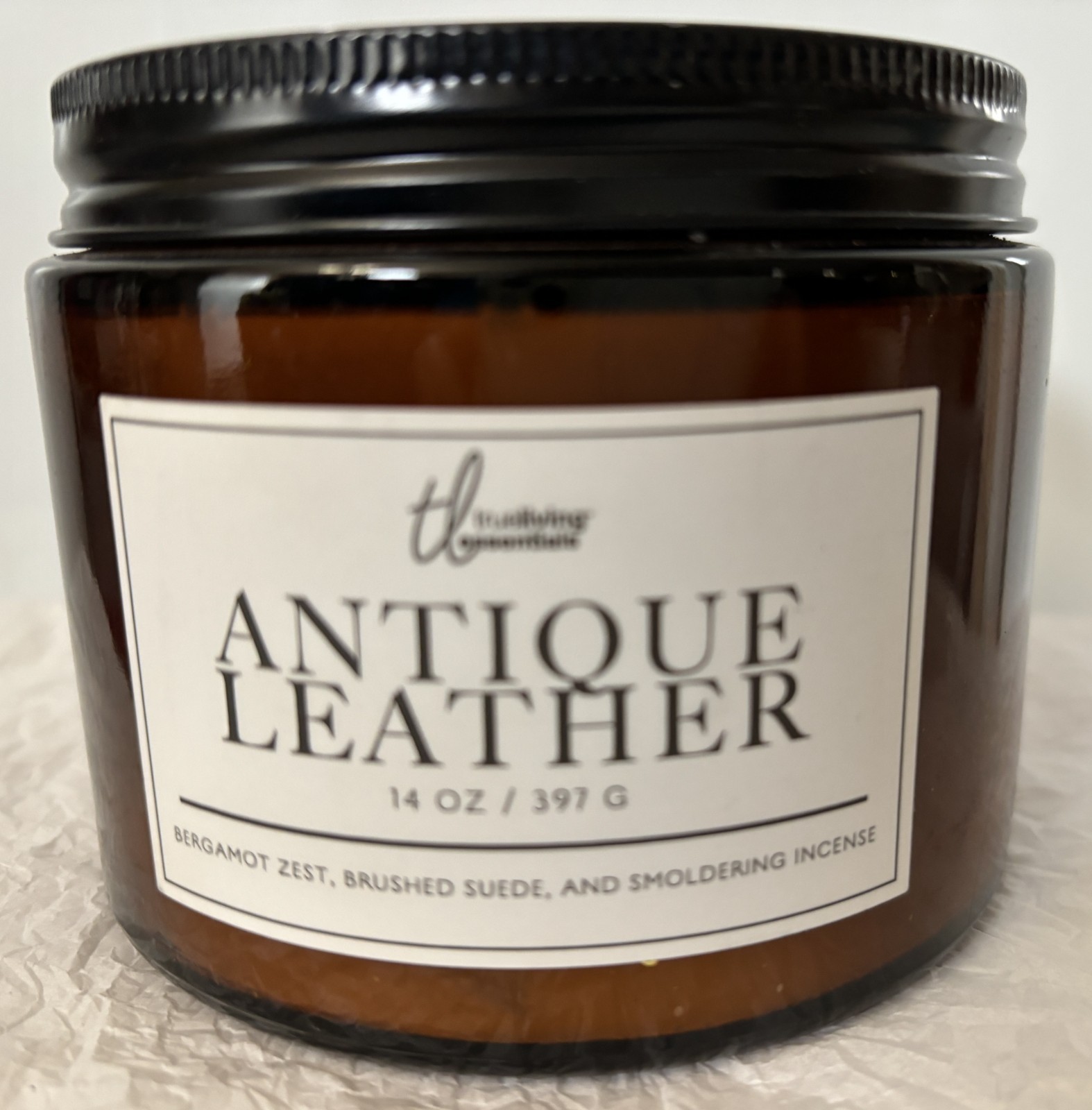 TRUE LIVING 14 OZ 3-WICK CANDLE JAR, ANTIQUE LEATHER (BERGAMOT, SUEDE, INCENSE)