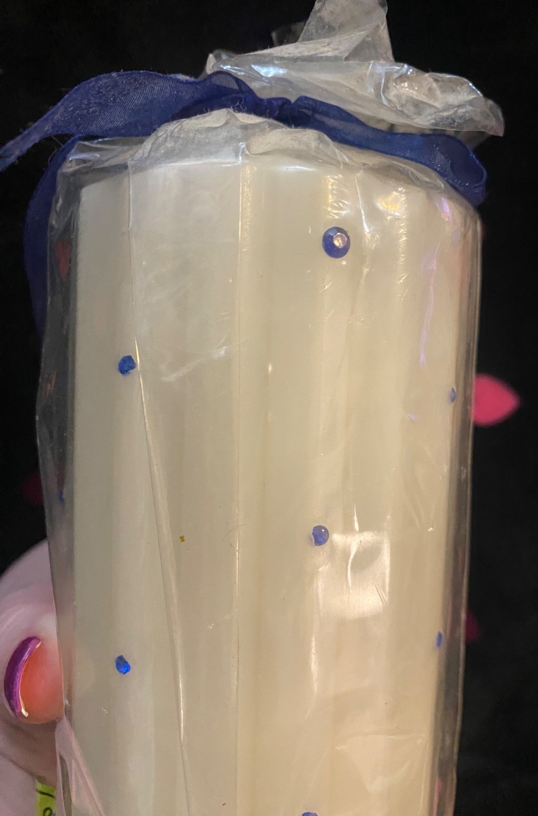 NIP Cream&Blue Bling Pillar Candle Bridal Jewel Vanilla Boho 6in Cotton Wick VTG