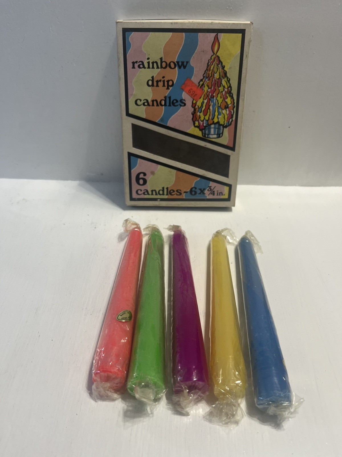 – Rainbow Drip Candles In Original Antique Box, Missing 1