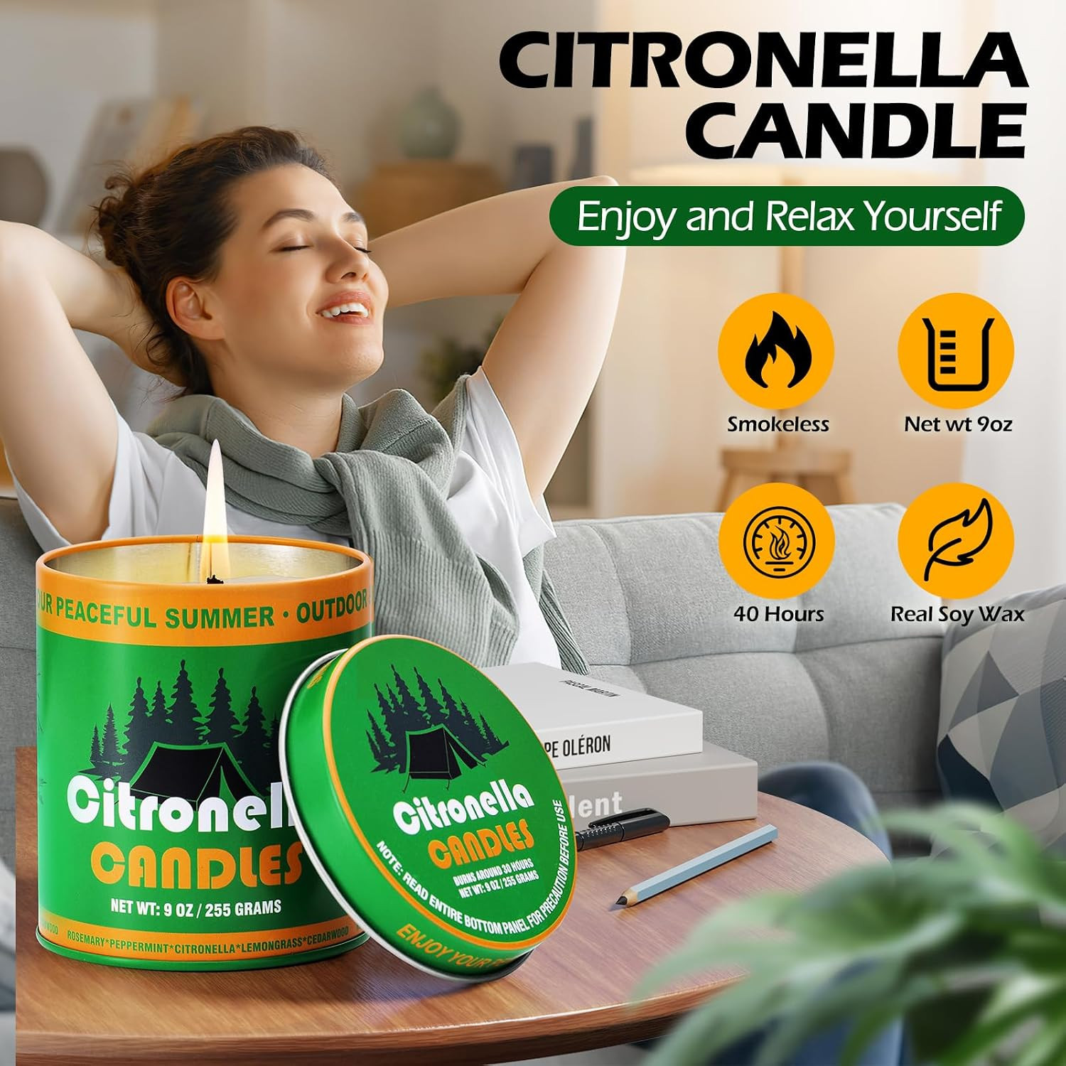 Citronella Scented Candles for Patio Outdoor, 2 Pack 9Oz Soy Wax Candles with Na
