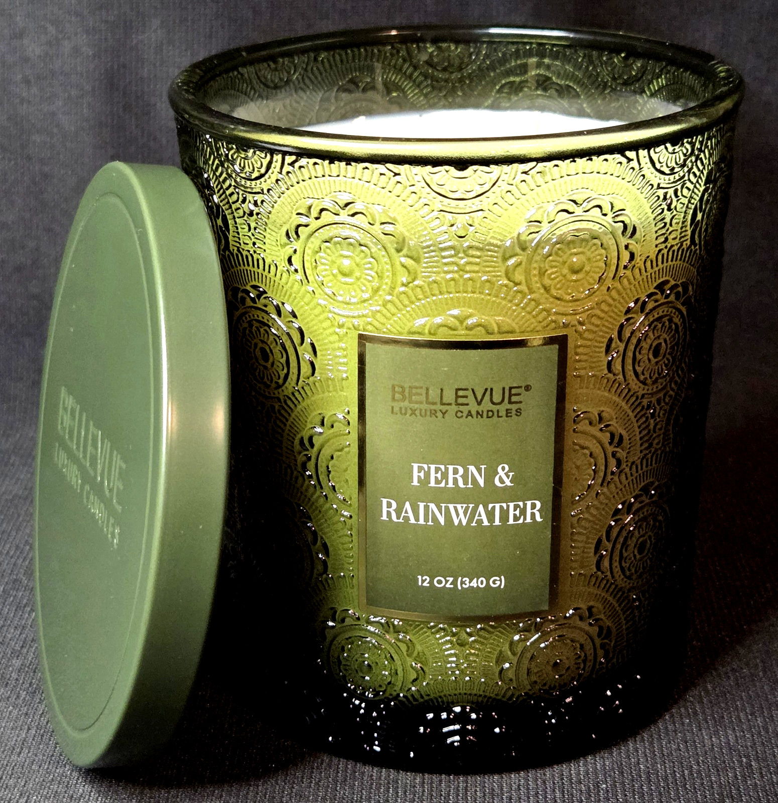 Bellevue Candle Forest Fern & Rainwater Embossed Green Soy Blend 2 Wick 12 Oz