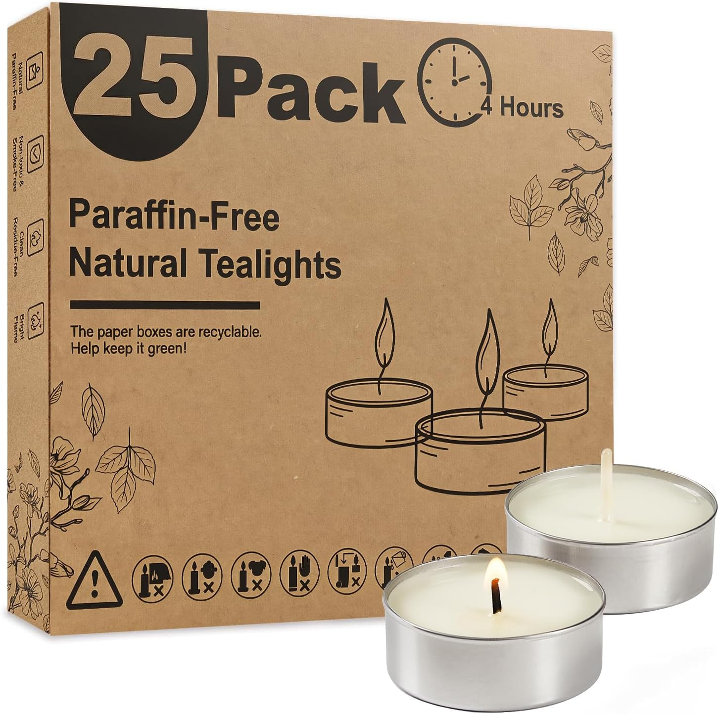 100-Pack Unscented Palm Wax Tea Lights Candles,4.5 Hours Burn | Smokeless，Non-To