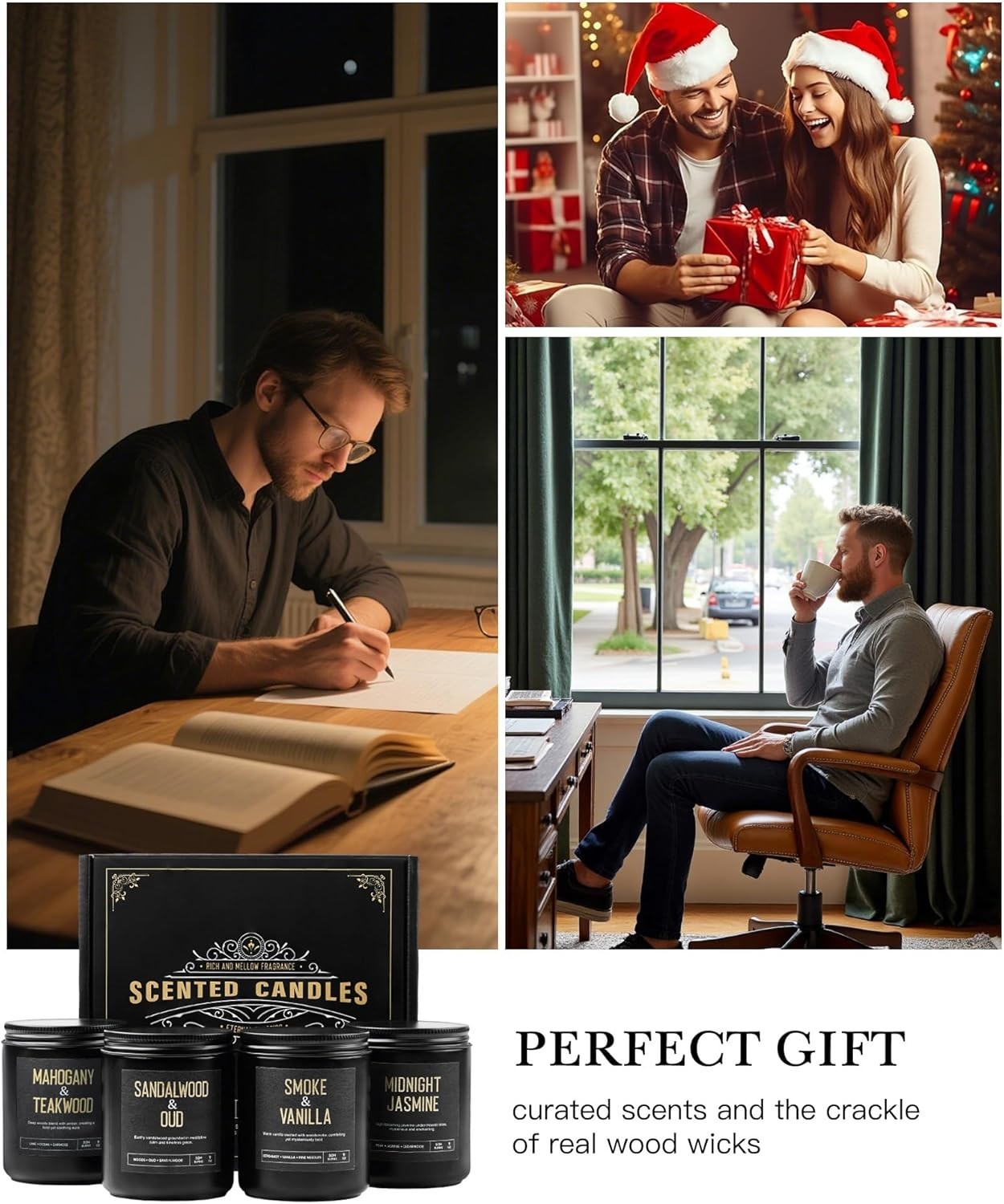 Men’s Candle Gift Set, 4 Pack Crackling Wood Wick Soy Scented Candles, 36oz M…