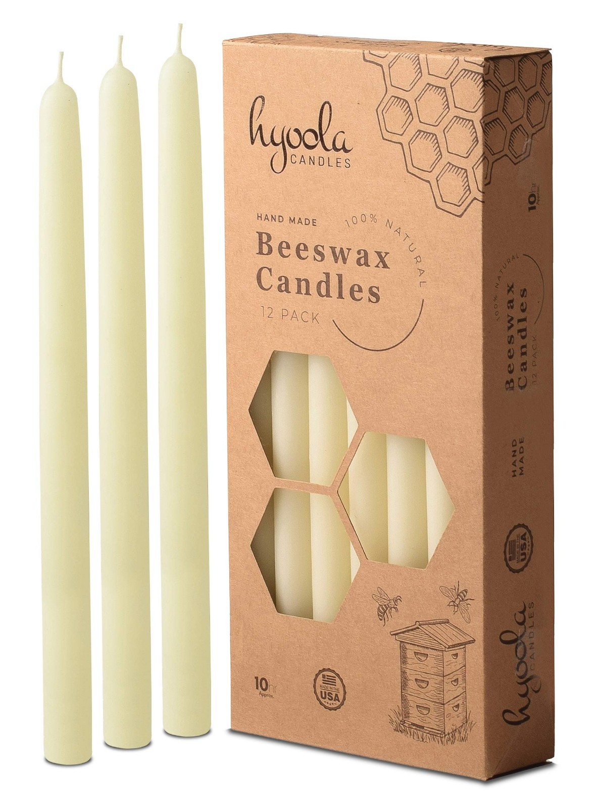 10″ Beeswax Taper Candles – 12 Pack, Handmade, All Natural, Unscented, White, 10